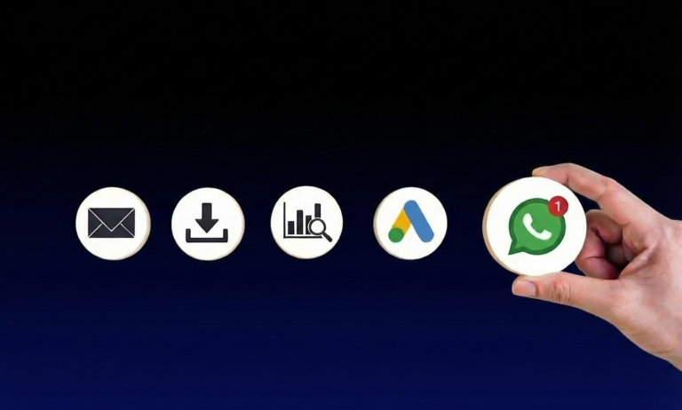 A hand holding a circular wooden icon featuring the WhatsApp marketing and other digital marketing services offered including Google ads, lead generation campaigns, and email marketing.