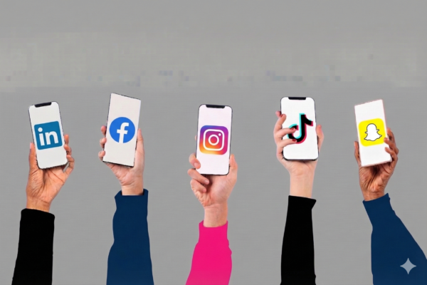 A row of five diverse hands extending upward against a neutral grey background, each holding a smartphone. From left to right, the phone screens display the logos for LinkedIn, Facebook, Instagram, TikTok, and Snapchat.