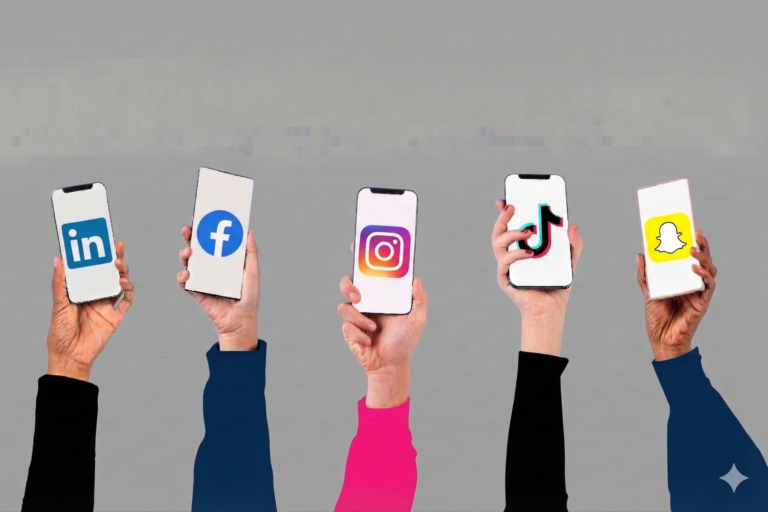 A row of five diverse hands extending upward against a neutral grey background, each holding a smartphone. From left to right, the phone screens display the logos for LinkedIn, Facebook, Instagram, TikTok, and Snapchat.